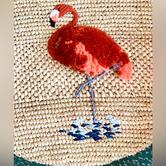 Embroidered Flamingo Raffia Tote - Handmade - Picture 3 of 12